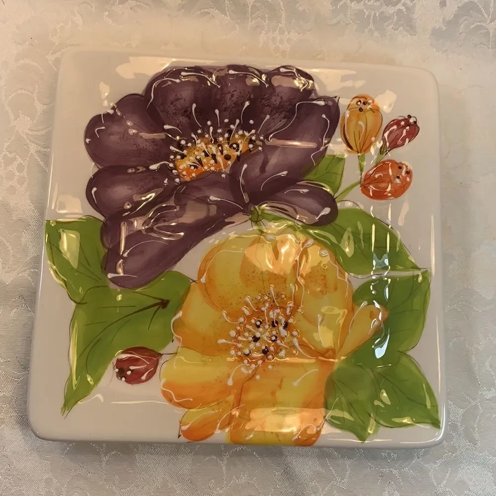 Laurie Gates California Decorator Ceramic Plates Set 2 Embossed Floral Design
